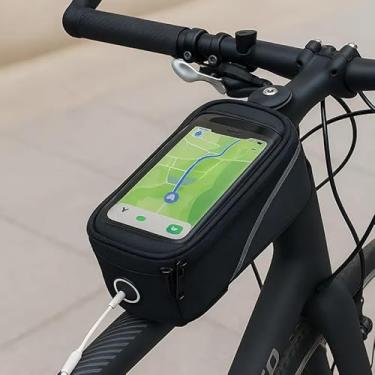 Imagem de Bolsa de Guidão para Bicicleta com Tela Touch, Impermeável, Porta Celular com Zíper e Saída para Fone, Cinza e Preto