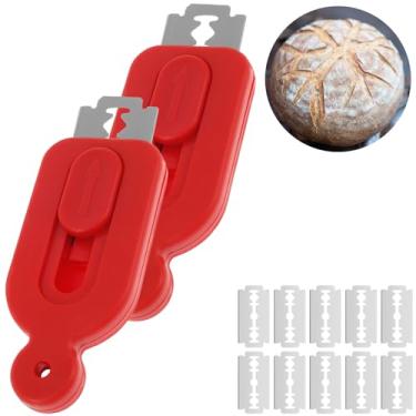 Imagem de Ferramenta de pontuação de massa de pão, 2 ferramentas de pontuação de massa de fermento com 10 lâminas, cortador magnético retrátil de massa de pão, alça push-pull, lâmina de cortador de pão