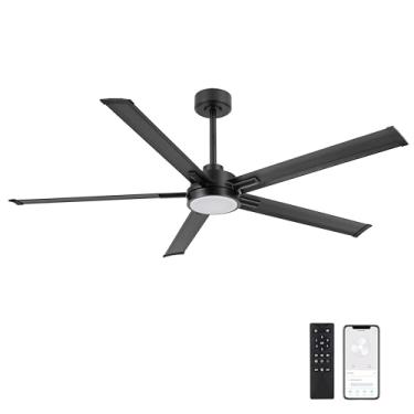 Imagem de ELEHINSER Ventilador de teto inteligente de 152 cm com luz, controle remoto/aplicativo, luzes LED reguláveis, motor CC de 6 velocidades, 5 lâminas de alumínio ventiladores de teto industriais