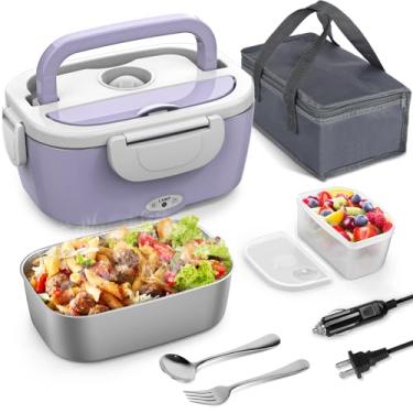 Imagem de Vingud Lancheira elétrica para adultos, lancheira aquecida de 80 W com 2 recipientes de aço inoxidável, lancheira portátil de 1,5 L, para trabalho, carro, caminhão, 110 V/12 V/24 V/240 V (roxo claro)
