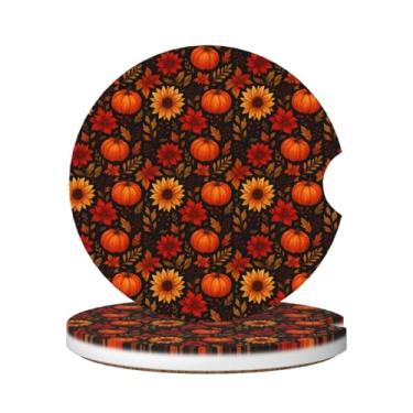 Imagem de Neukim Pacote com 2 porta-copos vintage de abóbora e girassol, porta-copos, 6 cm, folha de outono, antiderrapante, base de cortiça e acessórios de carro, interior para mulheres e homens