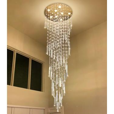 Imagem de Lustre de cristal moderno de 198 cm, lustres de teto alto para entrada, grandes lustres de gota de chuva, luminárias de LED reguláveis para escadas, hall de entrada, corredor, sala de estar, lâmpadas