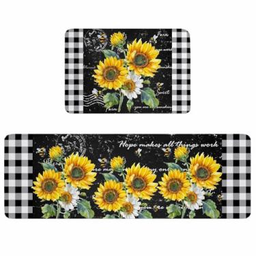 Imagem de Conjunto de 2 tapetes e tapetes de cozinha, girassol, pastoral, abelha, antiderrapante, tapete acolchoado, lavável, tapete de chão, retrô, preto, branco, xadrez, tapetes confortáveis para quarto