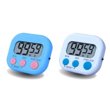 Imagem de Temporizador digital de cozinha, temporizador eletrônico BESTWYA com tela LCD transparente, função de contagem para cima e para baixo, 3 botões grandes para ligar/desligar (2, azul e branco)
