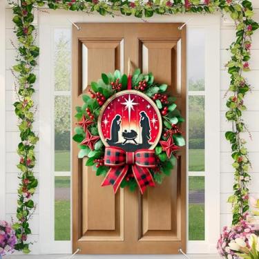 Imagem de BlissYard Capa de porta de Natal, presépio de Natal, guirlanda de Natal, decoração de feliz Natal, pano de fundo, 89 x 188 cm, enfeite festivo de xadrez de búfalo, decoração de varanda de férias