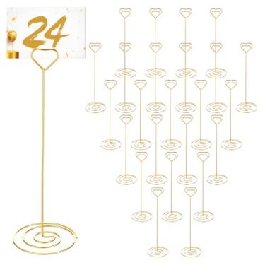 Imagem de 24 porta-cartões dourados, porta-cartões de 22 cm de altura, porta-cartões dourados para mesas com clipe em forma de coração para casamento, fotos, placas de comida, notas de memorando, restaurante
