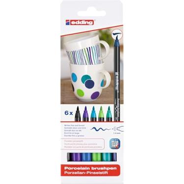 Imagem de edding Caneta pincel de porcelana 4200 – preta, violeta, 3x azul, verde, – 6 canetas – ponta de pincel 1-4 mm – pintura e decoração de cerâmica, porcelana – lavável na máquina de lavar louça, tinta resistente à luz, secagem rápida – caneta com ponta de feltro