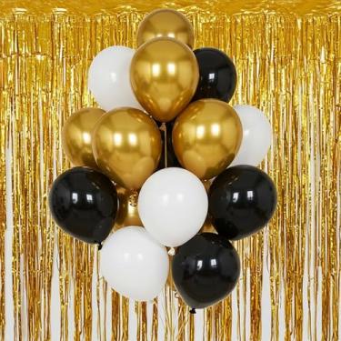 Imagem de TiAaihion Conjunto de balões de decoração de festa, balões de látex preto e branco dourado com cortina metálica dourada, qualidade premium, pacote de festa com 17 peças