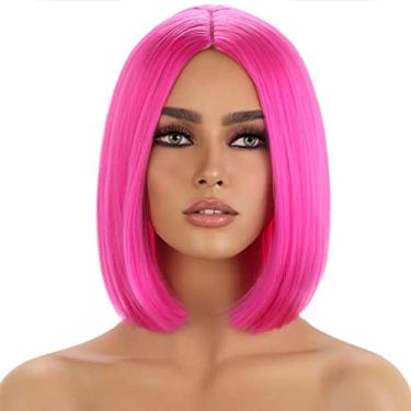 Imagem de MAGQOO Peruca rosa choque rosa choque Bob peruca lateral 25,4 cm peruca feminina curta Bob liso peruca rosa choque perucas cabelo sintético resistente ao calor cosplay festa perucas (rosa choque)