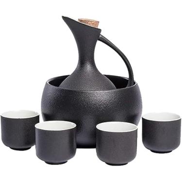Imagem de TLTDSMY Conjunto de copos de saquê japonês, 5 peças, cerâmica, cerâmica, tradicional, artesanato, taças de vinho, conjunto de saquê japonês com 1 garrafa de saquê e 4 copos de saquê, C