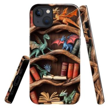 Imagem de heindiy Compatível com iPhone 14 Plus, capa brilhante, proteção total, à prova de choque, anti-arranhões, capa de TPU, capas para homem, mulher, estante de dragão fantasioso