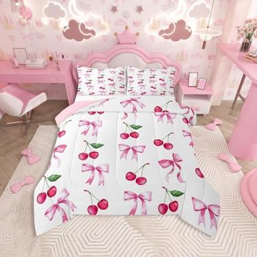 Imagem de Feelyou Conjunto de edredom solteiro com laço kawaii, frutas vermelhas, para crianças, meninos, meninas, edredom fofo com laço, coquete, laço, decoração de quarto de microfibra, 2 peças com 1 fronha
