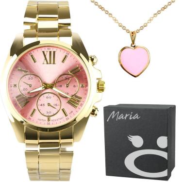 Imagem de Relogio Feminino Aço Inox Prova Dagua + Caixa + Colar Ouro Dourado Qualidade Premium Presente Casual