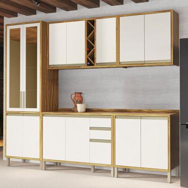 Imagem de Armário de Cozinha com Balcão e Tampo 13 Portas 3 Gavetas Pérola 100% Mdf Vidro Reflecta Amêndoa/Off White - Pnr Móveis