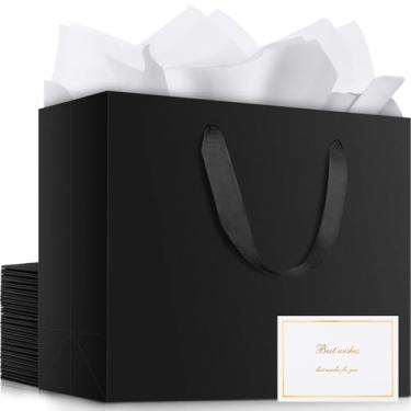 Imagem de EUSOAR Sacos de presente extragrande, 20 peças de 40,6 x 15,2 x 30,5 cm, sacos de papel de varejo de luxo pretos com alças, 50 peças de papel branco de 50,8 x 76,2 cm e 20 peças de cartões brancos em