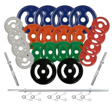 Imagem de Kit Anilhas Emborrachadas 80 Kg + 3 Barras Com Presilhas-Unissex