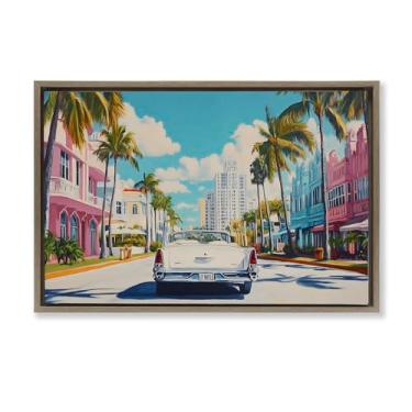 Imagem de Stupell Industries Arte de parede em tela flutuante com moldura cinza de carro clássico em cidade tropical, design por Franklyn Gregory, 53 x 78 cm