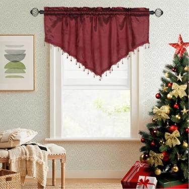 Imagem de Bentrilisa Cortinas de janela de sanefa vermelha triângulo com borlas com contas cortina de fazenda, bolso de varão curto, saia transparente para cozinha, sala de estar, quarto, festa, 1 painel, 130 x