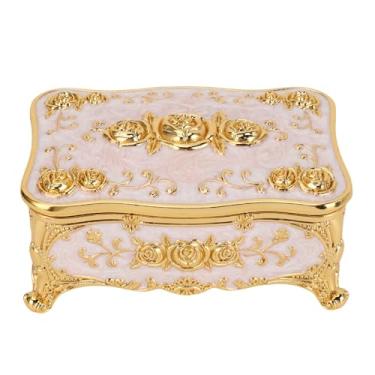Imagem de Luqeeg Caixa de Joias Vintage, Requintado Padrão Rosa, Organizador de Joias Retangular de Liga de Zinco Com Forro de Veludo Macio, Berloque para Anéis, Brincos, Colares, Pulseiras (Ouro Branco)