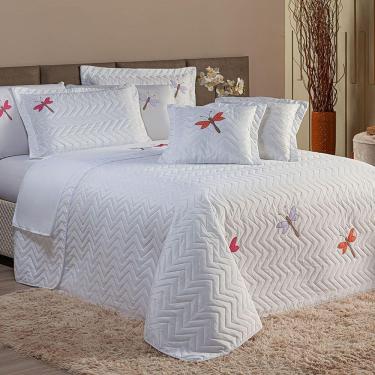 Imagem de Cobre Leito Queen 3 Peças Bordado Libélula 100% Poliéster - Branco