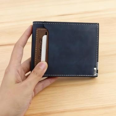 Imagem de Carteira masculina elegante, carteiras duplas de poliuretano macio para homens com bolso oculto com zíper para guardar moedas e faturas, carteira com bolso frontal, Azul, small, Casual