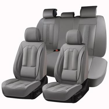 Imagem de Huidasource Capas de assento cinza, capa de assento de carro de couro napa com suporte lombar, orifícios de ventilação, velcro ajustável, airbag, capas de assento de cobertura total, ajuste universal