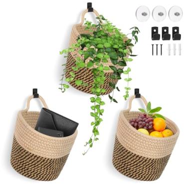 Imagem de Pacote com 3 cestas de tecido para pendurar na parede – Organizadores de armazenamento de tecido com ganchos adesivos, bolsas montadas na parede estilo boho para porta de cozinha doméstica (grande