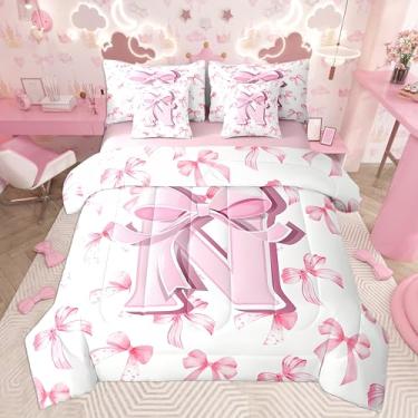 Imagem de jejeloiu Conjunto de edredom com laço rosa fofo com lençol king size, monograma, 7 peças, com inicial N, em uma bolsa com edredom, lençóis, fronhas, laço coquete, moda moderna