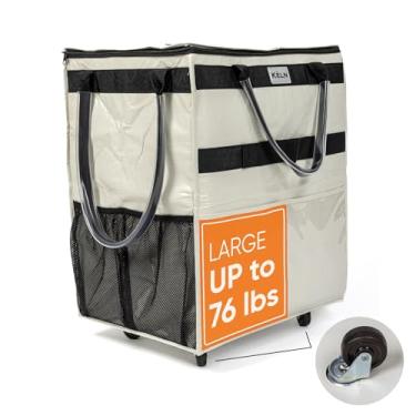Imagem de KELN Sacola com rodinhas – Carrinho de compras dobrável com fecho de zíper – Bolsa de compras dobrável resistente com alça – Organizador de viagem à prova d'água – carrega até 30 kg – branca