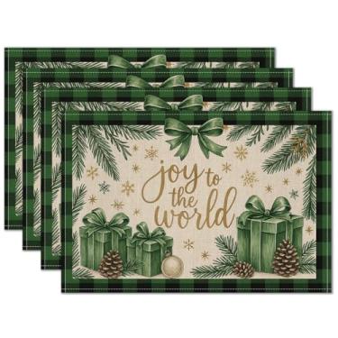 Imagem de HOMETITUTE Jogo americano de Natal conjunto de 4 tapetes de mesa de linho laváveis 30,5 x 45,7 cm com caixas de presente verdes com estampa de pinhas, conjunto de 4 para decoração de cozinha e jantar
