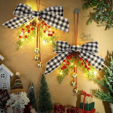 Imagem de Knitgrip 2 peças de decoração de laços de Natal de 38 cm com sinos, enfeite grande de árvore de Natal, pingente de guirlanda de Natal com bagas de cipreste de pinha, para decoração de festa (preto e