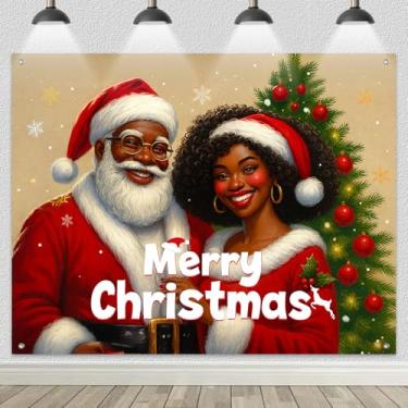 Imagem de HOMETITUTE Fundo preto de Papai Noel 2,4 x 1,8 m, fundo fotográfico de Feliz Natal, Papai Noel afro-americano e Sra. Noel, decoração de Natal, árvore de Natal, faixa fotográfica para exibição de festa