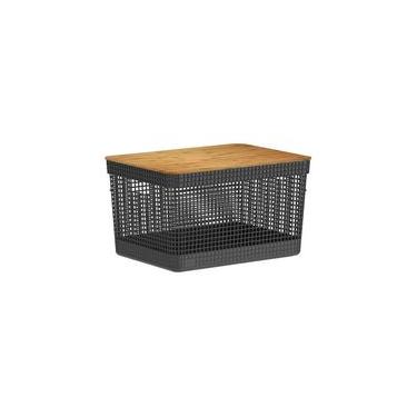 Imagem de Cesto Organizador Grid Tampa Em Bambu Preto 20 Litros 38X28x22.2Cm - Ou
