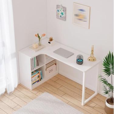 Imagem de Yadlan Kids L Shaped Desk with Storage, Corner Desk for Small Space Kids, Children Study Desk and Writing Table, L-Shaped Corner Home Office Study Laptop Pc Work Table White 140cm Left