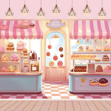Imagem de HQM Pink Cute Sweet Shop Banner Donut Cake Candy Shop Padaria Bolo Donut Sorvete Meninas Princesas Aniversário Chá de Bebê Fotografia Pano de Fundo 35 x 20 m