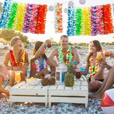 Imagem de 24 peças Leis para festa Luau, decorações havaianas a granel de flores de seda, decoração de festa de dança hula tropical havaiana colorida, decoração de festa de verão, praia, piscina, lembrancinhas