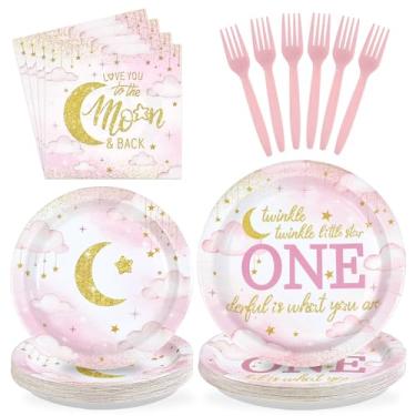 Imagem de Greencian 96 Pcs Twinkle Twinkle Little Star 1st Birthday Party Supplies Pink Gold Glitter Party Plates and Napkins Disposable Moon and Star Tableware Set for Girl 1st Birthday Decorations Serves 24