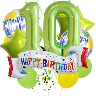 Imagem de Conjunto de decoração de 10º aniversário verde, balão de 10º coração, balão colorido de feliz aniversário de 10 anos para meninas, meninos, crianças, adultos, suprimentos de festa, meninos verde limão
