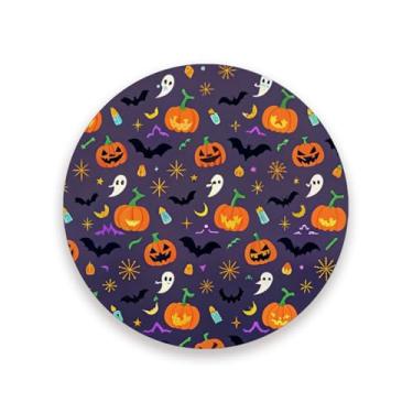 Imagem de JUZIHAI Conjunto de 4 porta-copos de abóbora fantasma de Halloween, porta-copos redondos de pedra de cerâmica absorvente com base de cortiça, tapete de proteção de mesa para cozinha, bar, decoração de