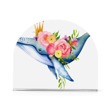 Imagem de Qilmy Baleia com flores vibrantes, porta-guardanapos acrílico, suporte de lenços de mesa independente, dispensador de papel de coquetel para cozinha, jantar, restaurante, bar, decoração, 1 pacote