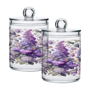 Imagem de Qilmy Pacote com 2 unidades de suporte Qtip de flores roxas, frascos de boticário de 400 ml, vasilha organizadora de banheiro para cotonetes, bolas de algodão, almofadas de maquiagem, fio dental, sais