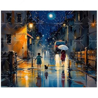 Imagem de Kit de pintura por números Moonlit Street Walk para adultos – DIY crianças e cães na chuva, pintura em tela, 40,6 x 50,8 cm, conjunto de tinta acrílica, adequado para iniciantes, arte de paisagem