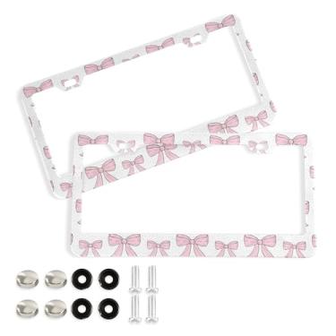 Imagem de SEHANY Lindas molduras de placa de licença de laço rosa, moldura de placa de carro de alumínio à prova de ferrugem com orifícios elípticos e parafusos serve para veículos padrão dos EUA tamanho