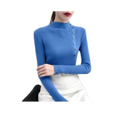 Imagem de Suéter De Tricô Feminino De Outono Com Gola Alta, Algodão Macio, Ajust