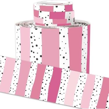 Imagem de Whaline Bordas de quadro de avisos de sala de aula de 10 metros gradiente cor rosa listrada, acabamento de borda enrolada para decoração de parede de quadro-negro