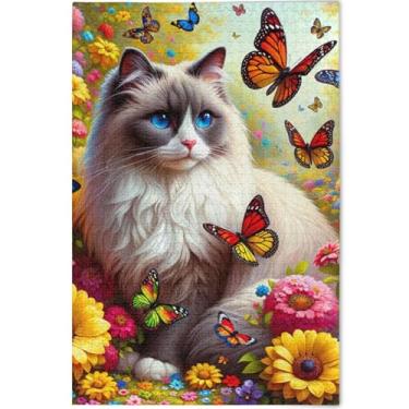 Imagem de Quebra-cabeças de gato Ragdoll com flores de primavera personalizadas, 1000 peças, estampa de animais, arte da natureza, quebra-cabeças engraçados, 75 x 50 cm