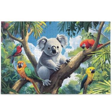 Imagem de Quebra-cabeça de 1000 peças de árvore tropical papagaios coalas para adultos quebra-cabeça arte animal pintura quebra-cabeça cena de outono personalizado família amantes presentes, 75 cm x 50 cm