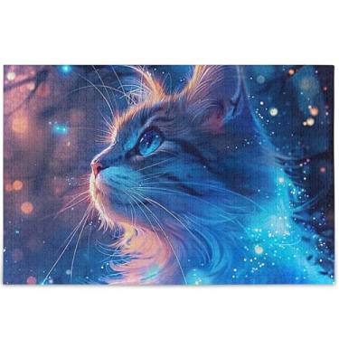 Imagem de Quebra-cabeça de 1000 peças para adultos com estrelas azuis e gatos fofos, presentes rígidos para adultos, arte colorida, 75 x 50 cm