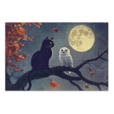 Imagem de Quebra-cabeça fofo de gato coruja luar 1000 peças para adultos presentes de elefante branco engraçado presente de mordaça floral arte pintura, 75 x 40 centímetros