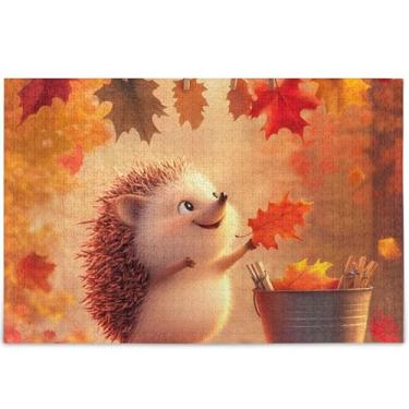 Imagem de Quebra-cabeça personalizado fofo ouriço folhas de outono adultos quebra-cabeça 500 peças jogo de quebra-cabeça presentes legais grandes arte brinquedo pintura, 52 cm x 37,8 cm